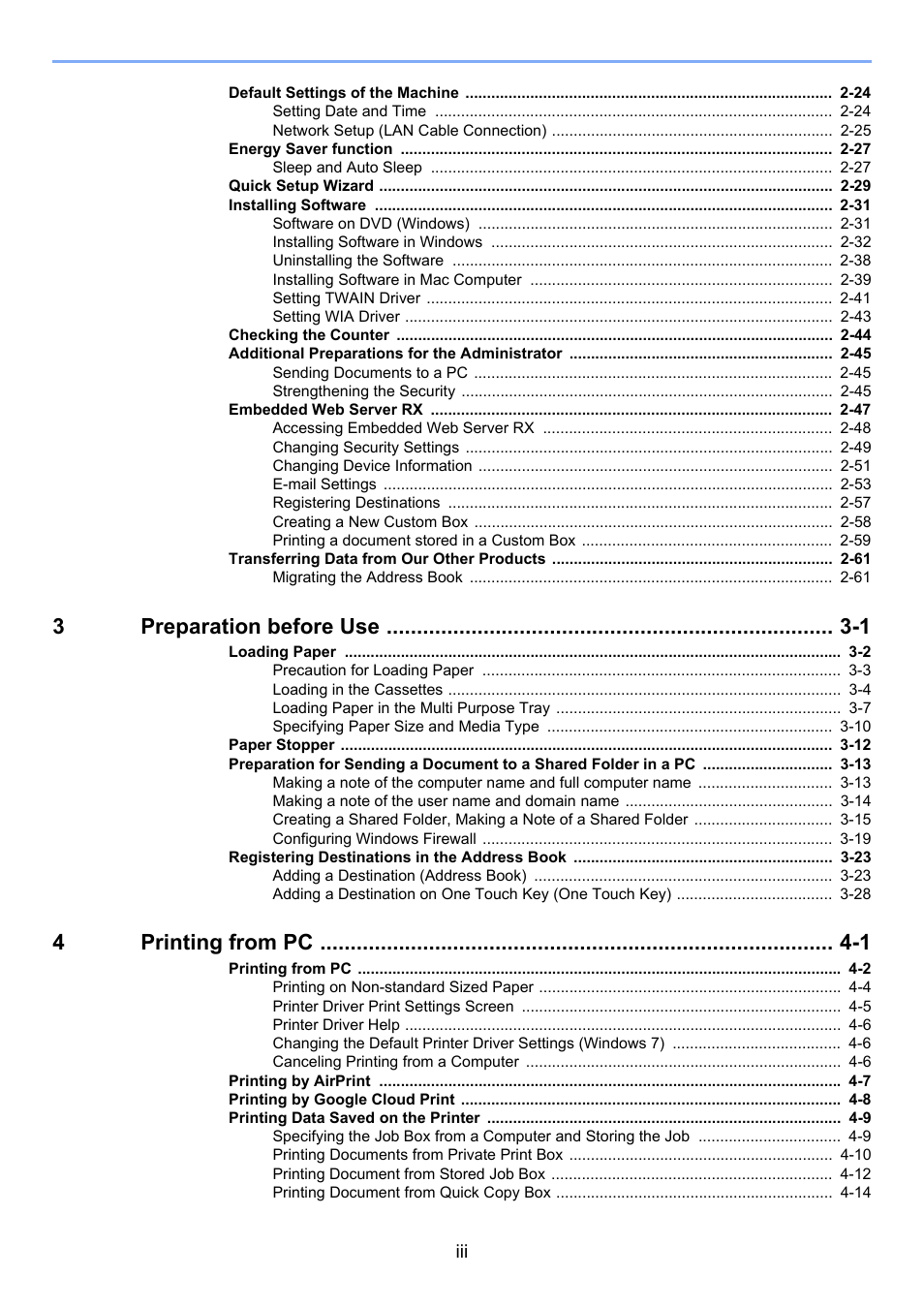 3preparation before use -1, 4printing from pc -1 | TA Triumph-Adler P-C3560i MFP User Manual | Page 4 / 432