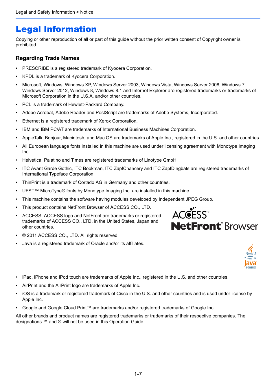 Legal information, Legal information -7 | TA Triumph-Adler P-C3560i MFP User Manual | Page 40 / 432