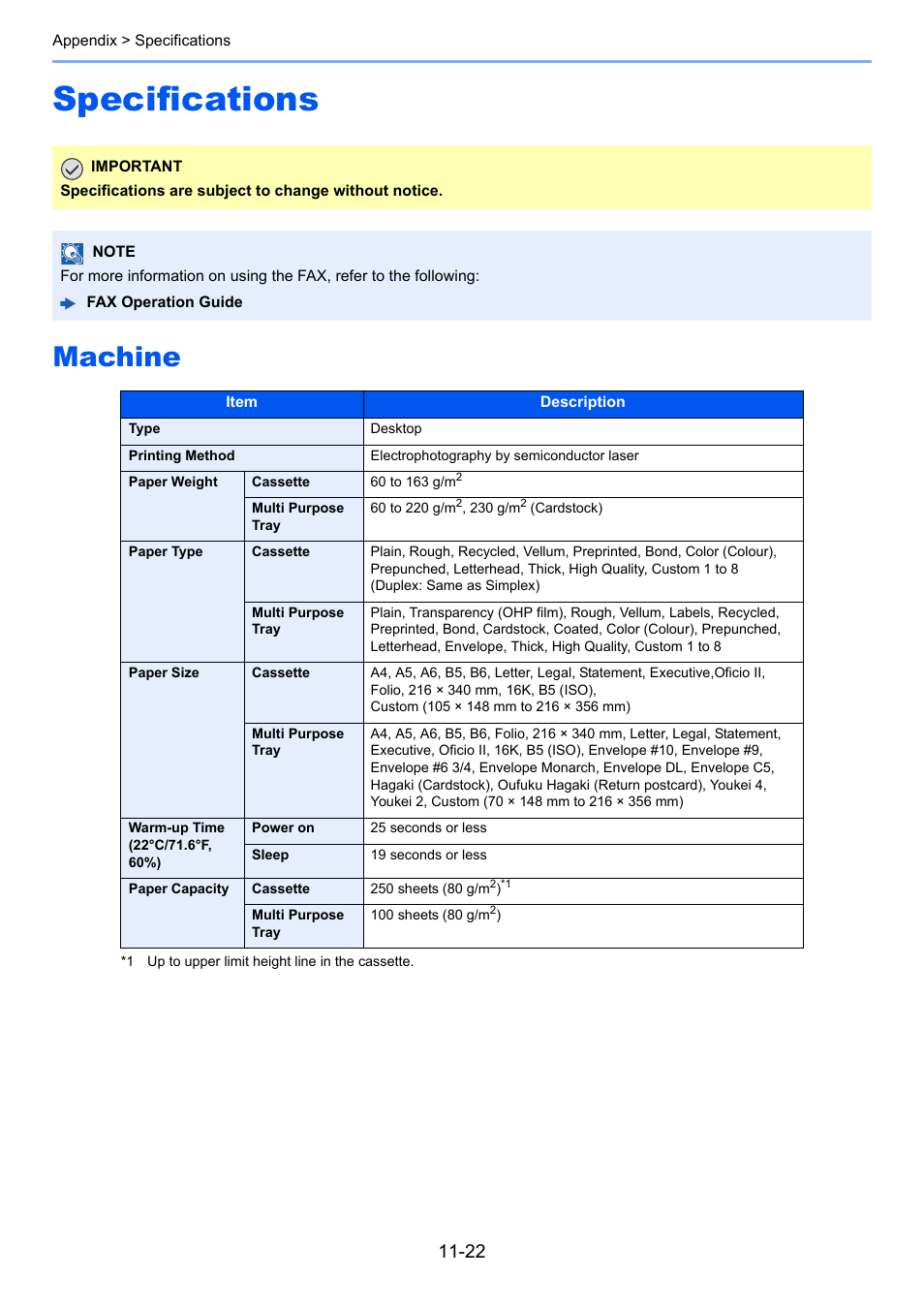 Specifications, Machine, Specifications -22 | Machine -22 | TA Triumph-Adler P-C3560i MFP User Manual | Page 414 / 432