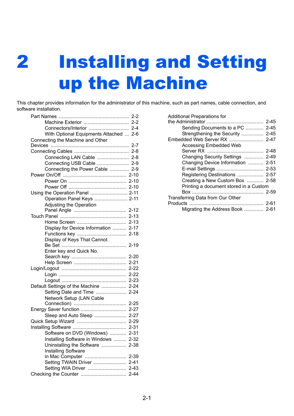 2 installing and setting up the machine, Installing and setting up the machine -1, Installing and setting up the machine | 2installing and setting up the machine | TA Triumph-Adler P-C3560i MFP User Manual | Page 48 / 432