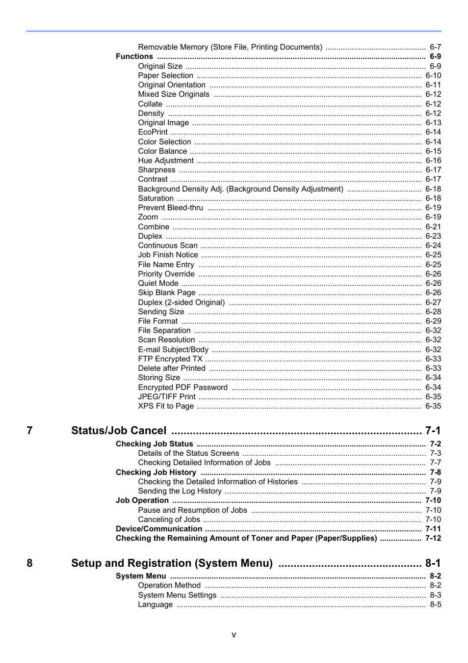 7status/job cancel -1, 8setup and registration (system menu) -1 | TA Triumph-Adler P-C3560i MFP User Manual | Page 6 / 432