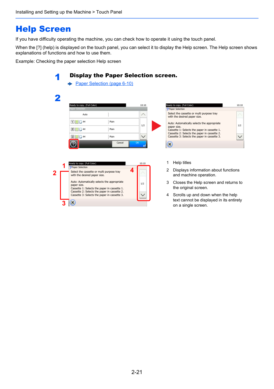 Help screen, Help screen -21, Display the paper selection screen | TA Triumph-Adler P-C3560i MFP User Manual | Page 68 / 432