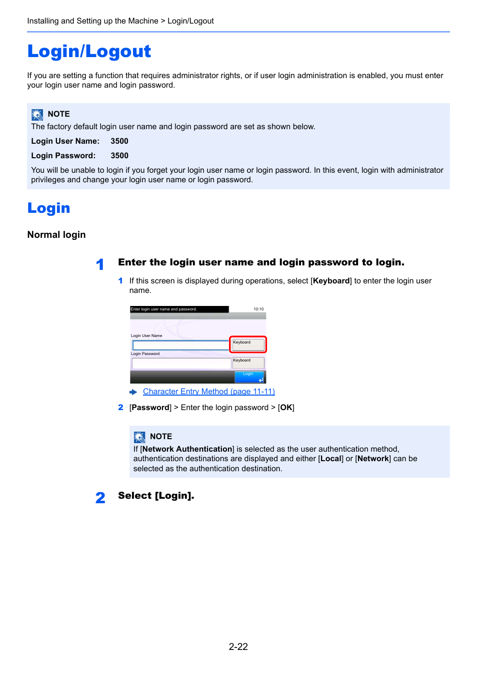 Login/logout, Login, Login/logout -22 | Login -22 | TA Triumph-Adler P-C3560i MFP User Manual | Page 69 / 432