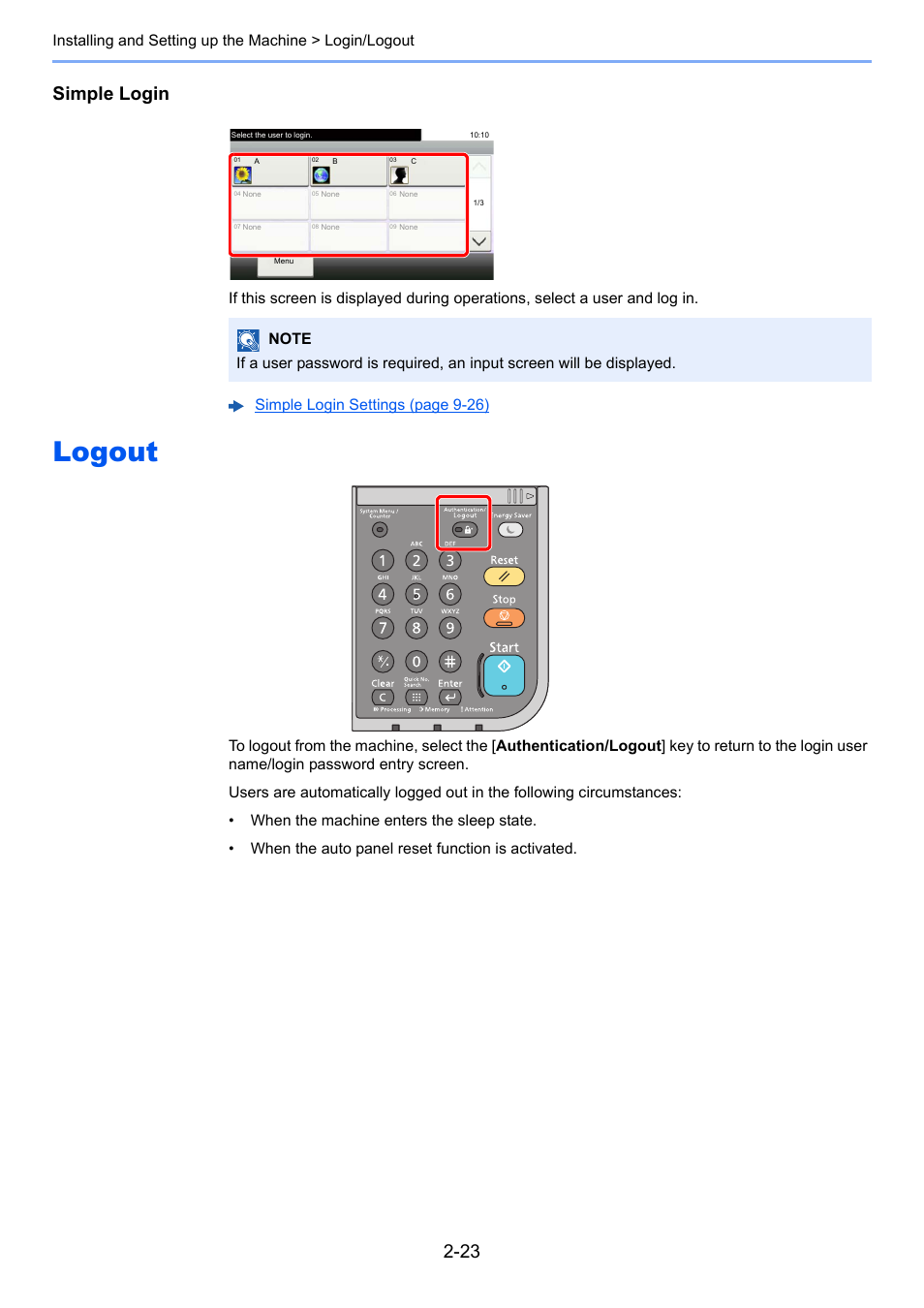 Logout, Logout -23, Simple login | TA Triumph-Adler P-C3560i MFP User Manual | Page 70 / 432