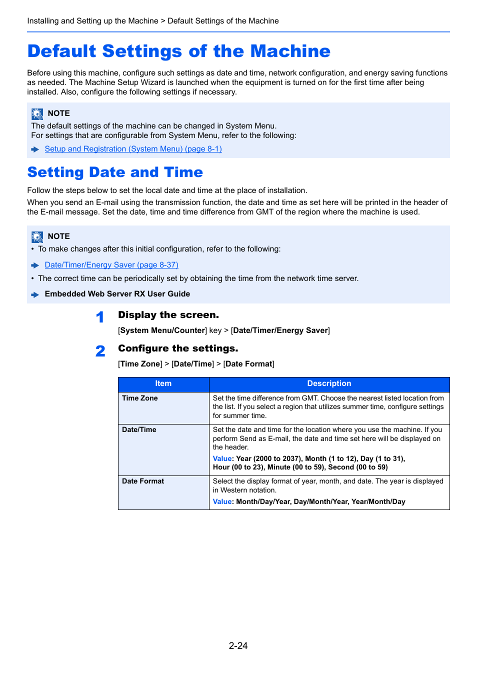 Default settings of the machine, Setting date and time, Default settings of the machine -24 | Setting date and time -24 | TA Triumph-Adler P-C3560i MFP User Manual | Page 71 / 432