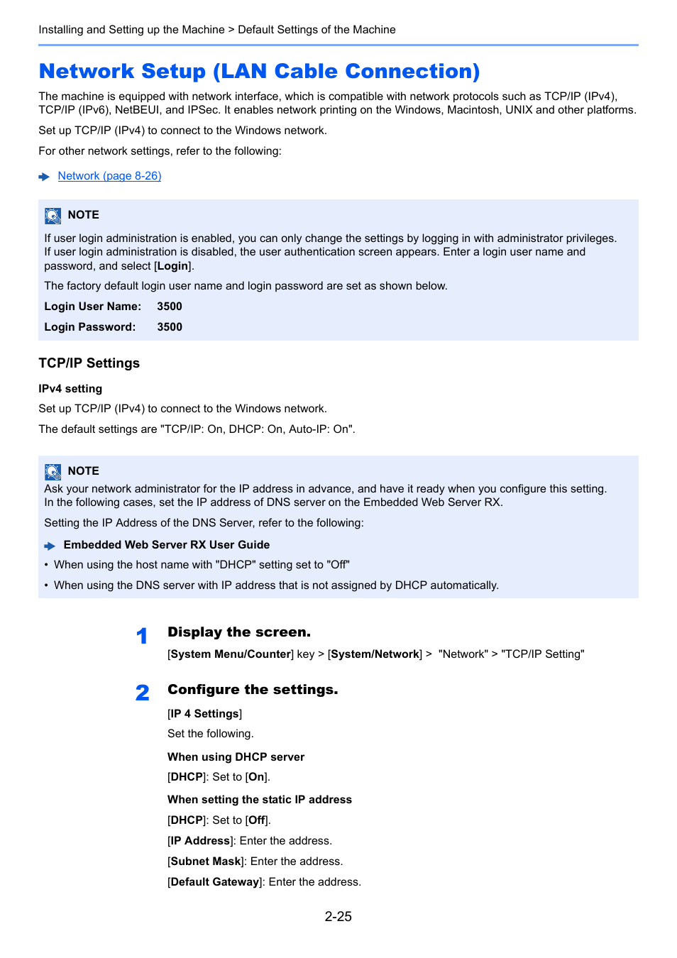 Network setup (lan cable connection), Network setup (lan cable connection) -25, Network setup (lan cable | Connection) -25 | TA Triumph-Adler P-C3560i MFP User Manual | Page 72 / 432