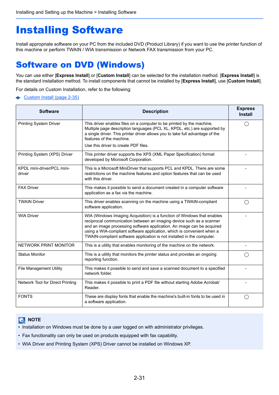 Installing software, Software on dvd (windows), Installing software -31 | Software on dvd (windows) -31 | TA Triumph-Adler P-C3560i MFP User Manual | Page 78 / 432