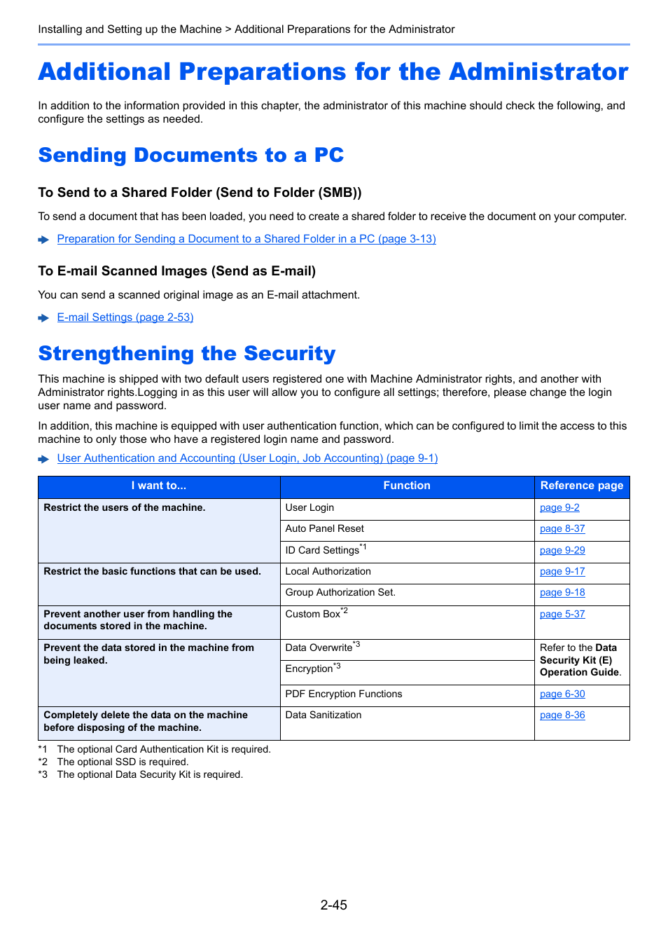 Additional preparations for the administrator, Sending documents to a pc, Strengthening the security | Additional preparations for the administrator -45, Additional preparations for, The administrator -45 | TA Triumph-Adler P-C3560i MFP User Manual | Page 92 / 432