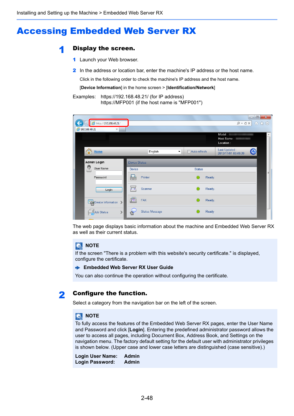 Accessing embedded web server rx, Accessing embedded web server rx -48, Accessing embedded web | Server rx -48 | TA Triumph-Adler P-C3560i MFP User Manual | Page 95 / 432