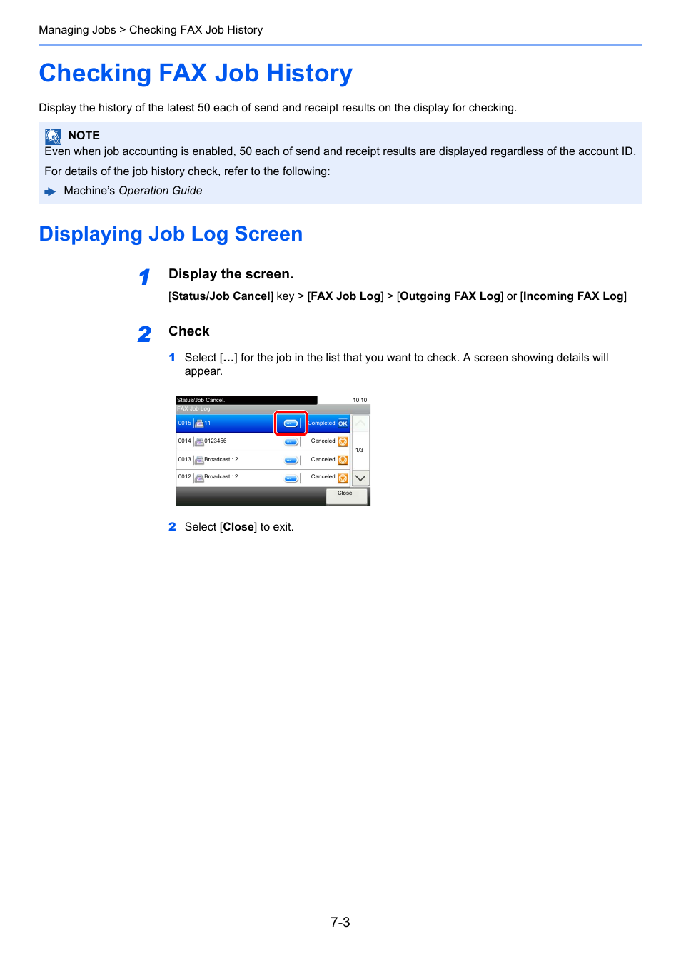 Checking fax job history, Displaying job log screen, Checking fax job history -3 | Displaying job log screen -3, Display the screen, Check | TA Triumph-Adler P-C3565i MFP User Manual | Page 129 / 184