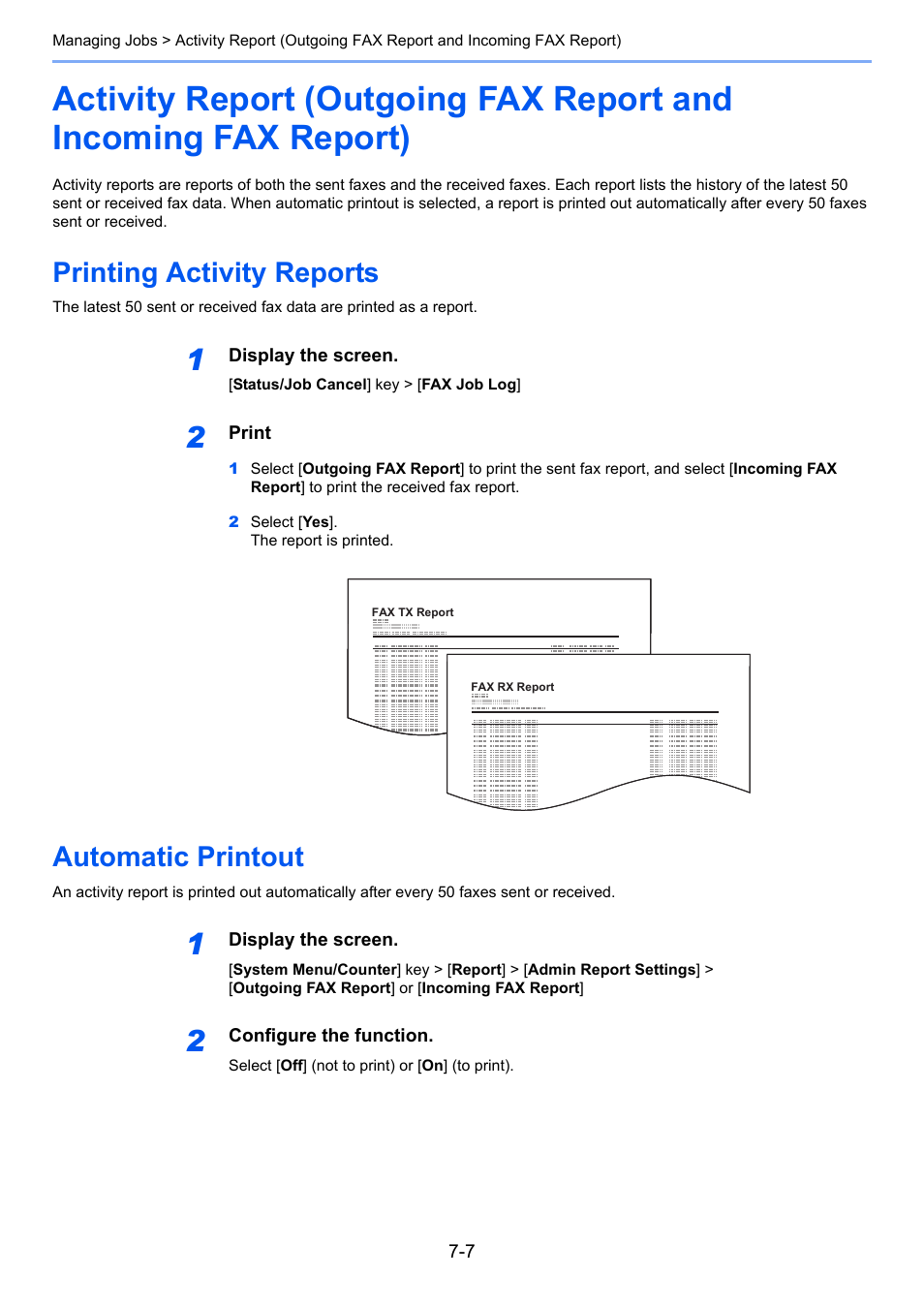 Printing activity reports, Automatic printout, Printing activity reports -7 automatic printout -7 | TA Triumph-Adler P-C3565i MFP User Manual | Page 133 / 184