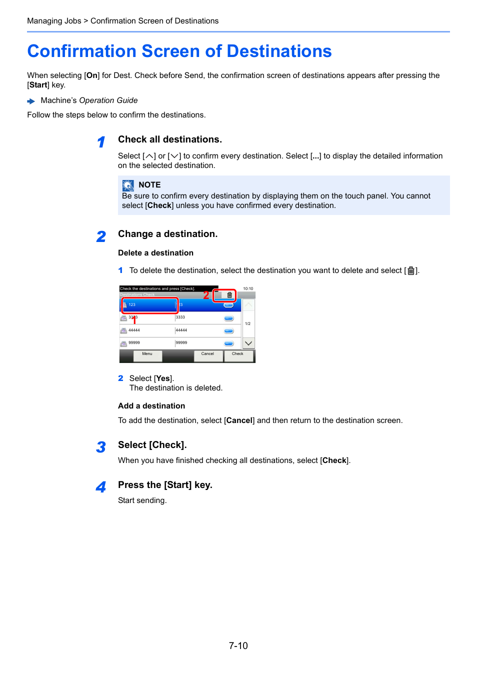 Confirmation screen of destinations, Confirmation screen of destinations -10, Check all destinations | Change a destination, Select [check, Press the [start] key | TA Triumph-Adler P-C3565i MFP User Manual | Page 136 / 184