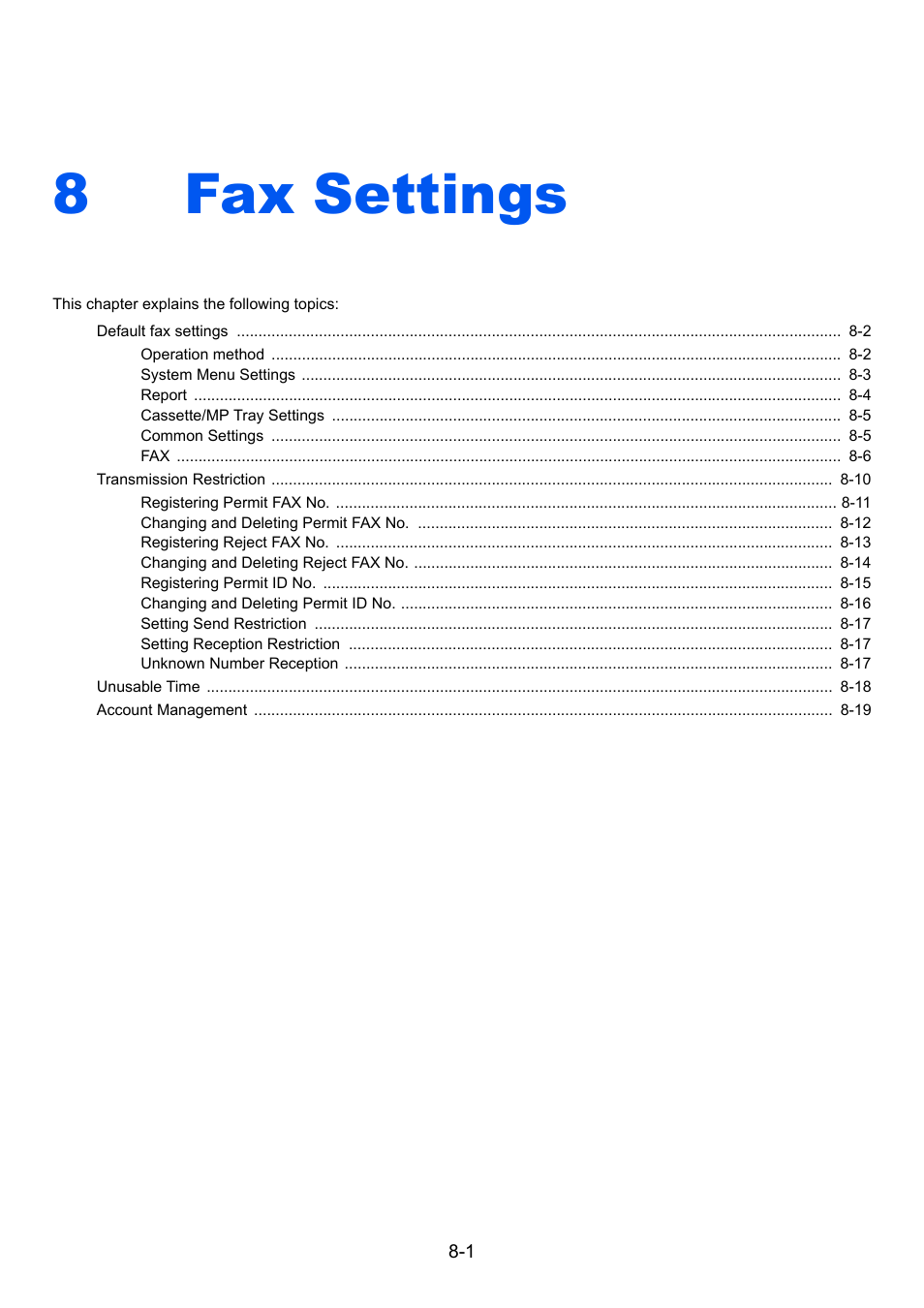 8 fax settings, Fax settings -1, Fax settings | 8fax settings | TA Triumph-Adler P-C3565i MFP User Manual | Page 137 / 184