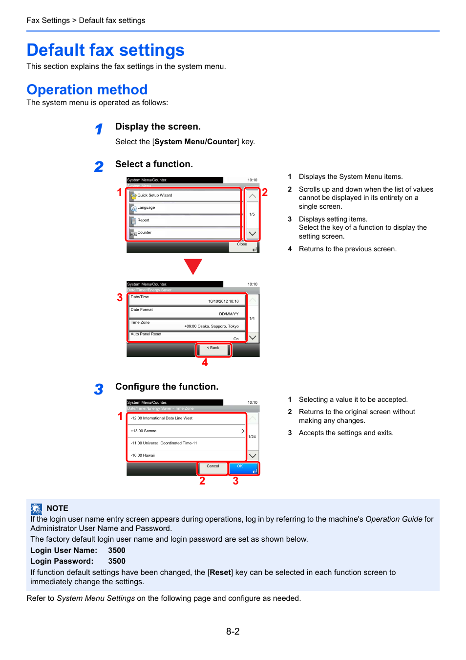 Default fax settings, Operation method, Default fax settings -2 | Operation method -2, Display the screen, Select a function, Configure the function | TA Triumph-Adler P-C3565i MFP User Manual | Page 138 / 184