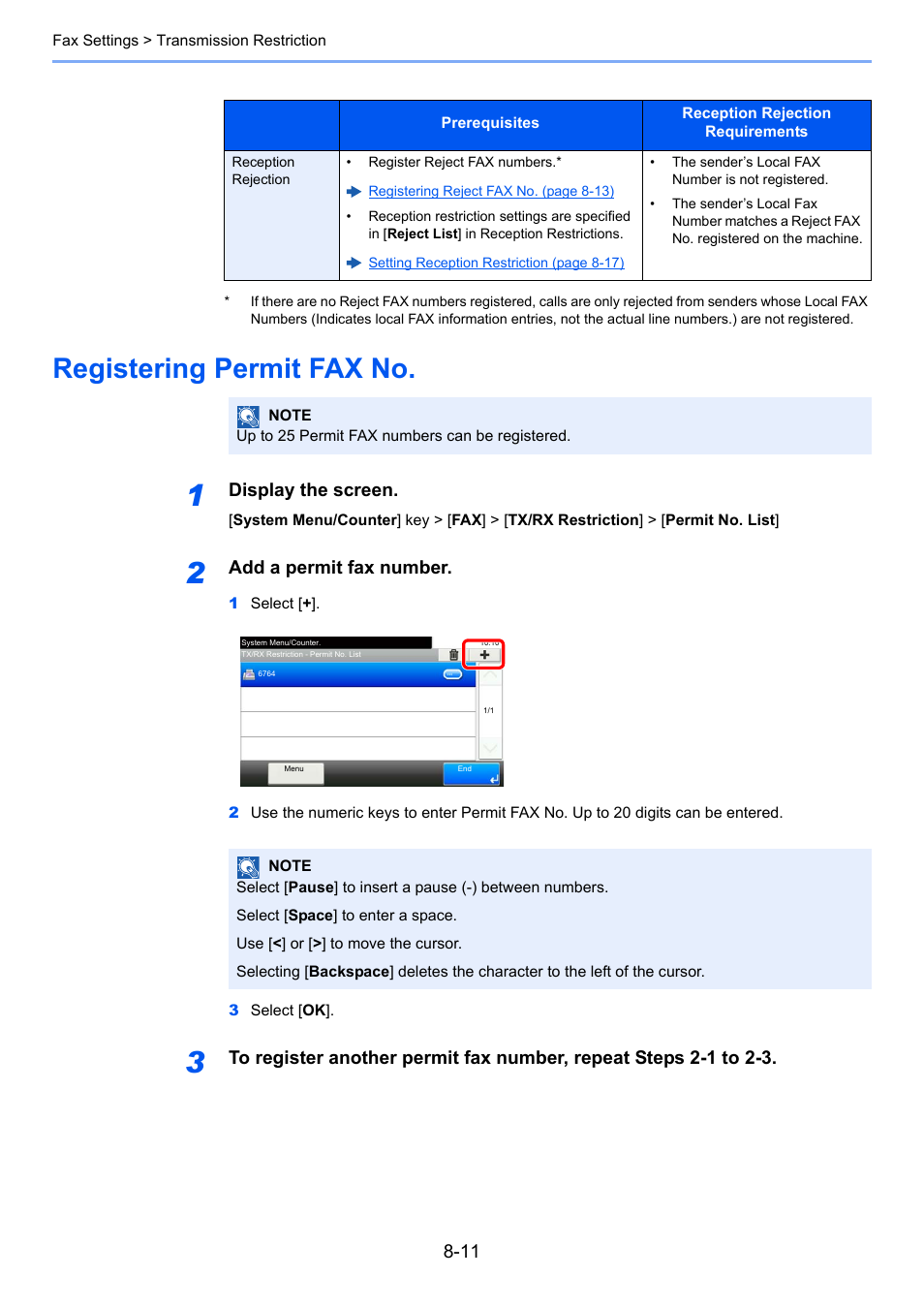 Registering permit fax no, Registering permit fax no -11, Display the screen | Add a permit fax number | TA Triumph-Adler P-C3565i MFP User Manual | Page 147 / 184