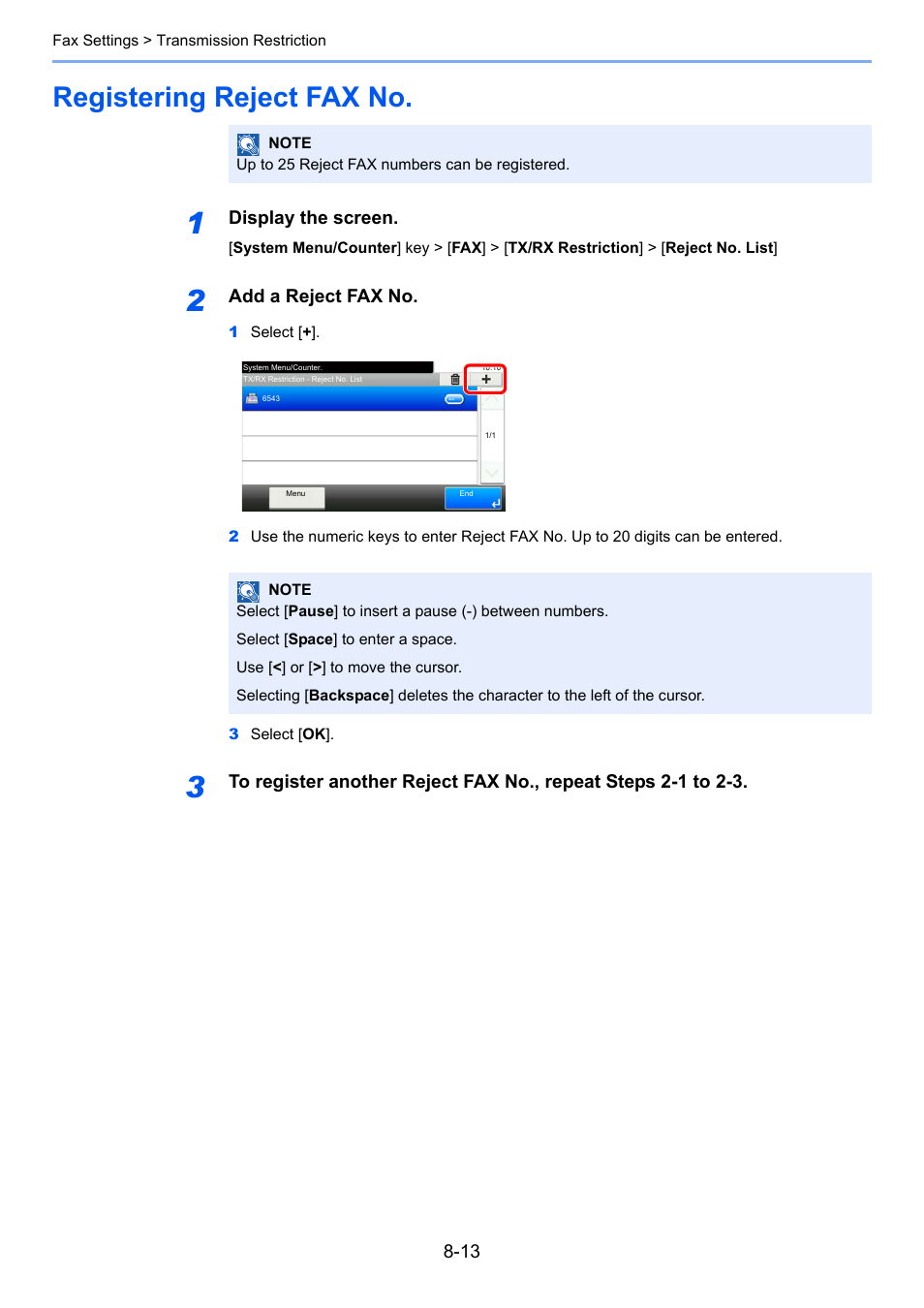 Registering reject fax no, Registering reject fax no -13 | TA Triumph-Adler P-C3565i MFP User Manual | Page 149 / 184