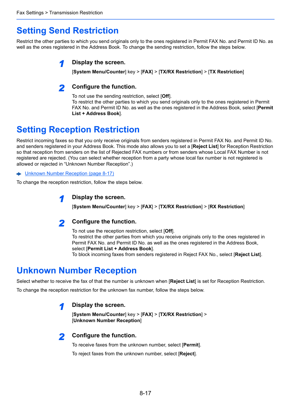 Setting send restriction, Setting reception restriction, Unknown number reception | TA Triumph-Adler P-C3565i MFP User Manual | Page 153 / 184