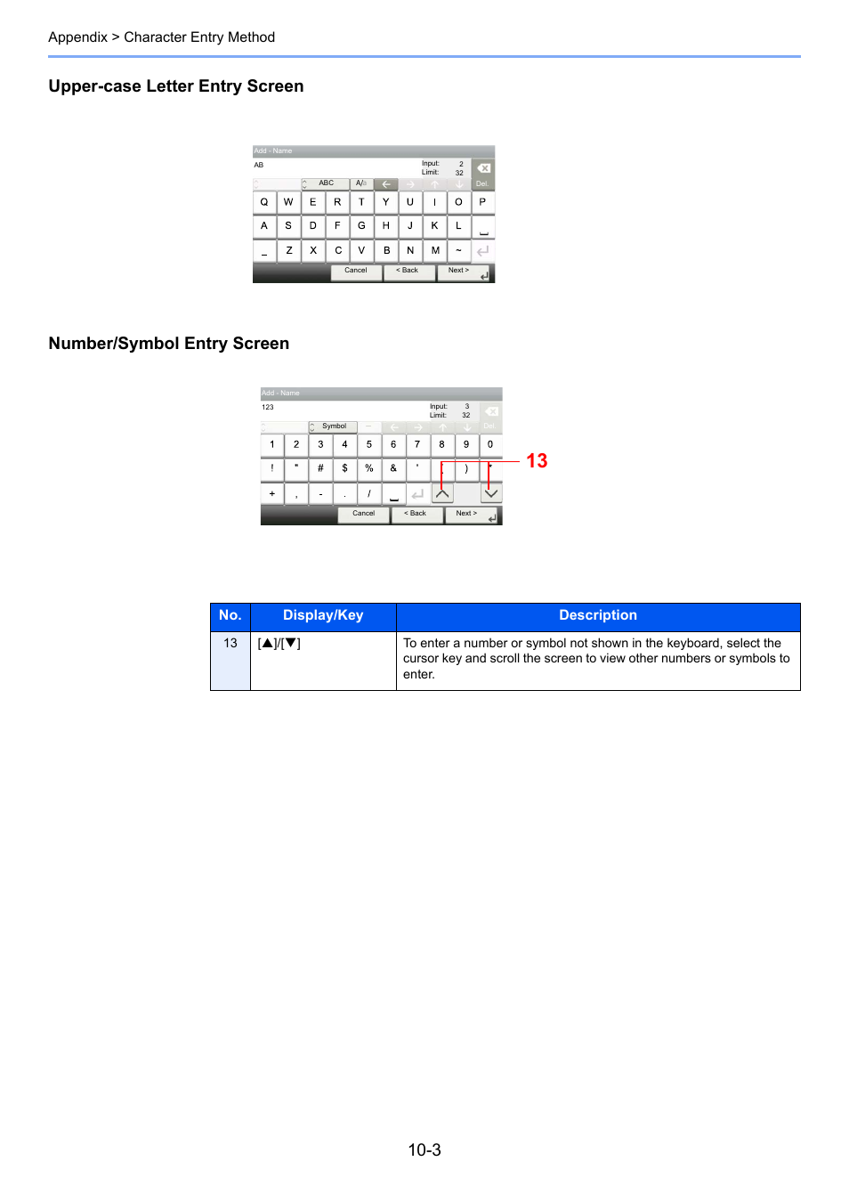 Appendix > character entry method, No. display/key description | TA Triumph-Adler P-C3565i MFP User Manual | Page 168 / 184