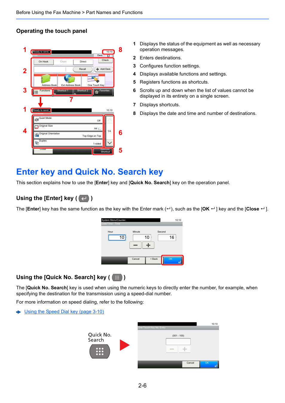 Enter key and quick no. search key, Enter key and quick no. search key -6, Operating the touch panel | Using the [enter] key ( ), Using the [quick no. search] key ( ) | TA Triumph-Adler P-C3565i MFP User Manual | Page 19 / 184