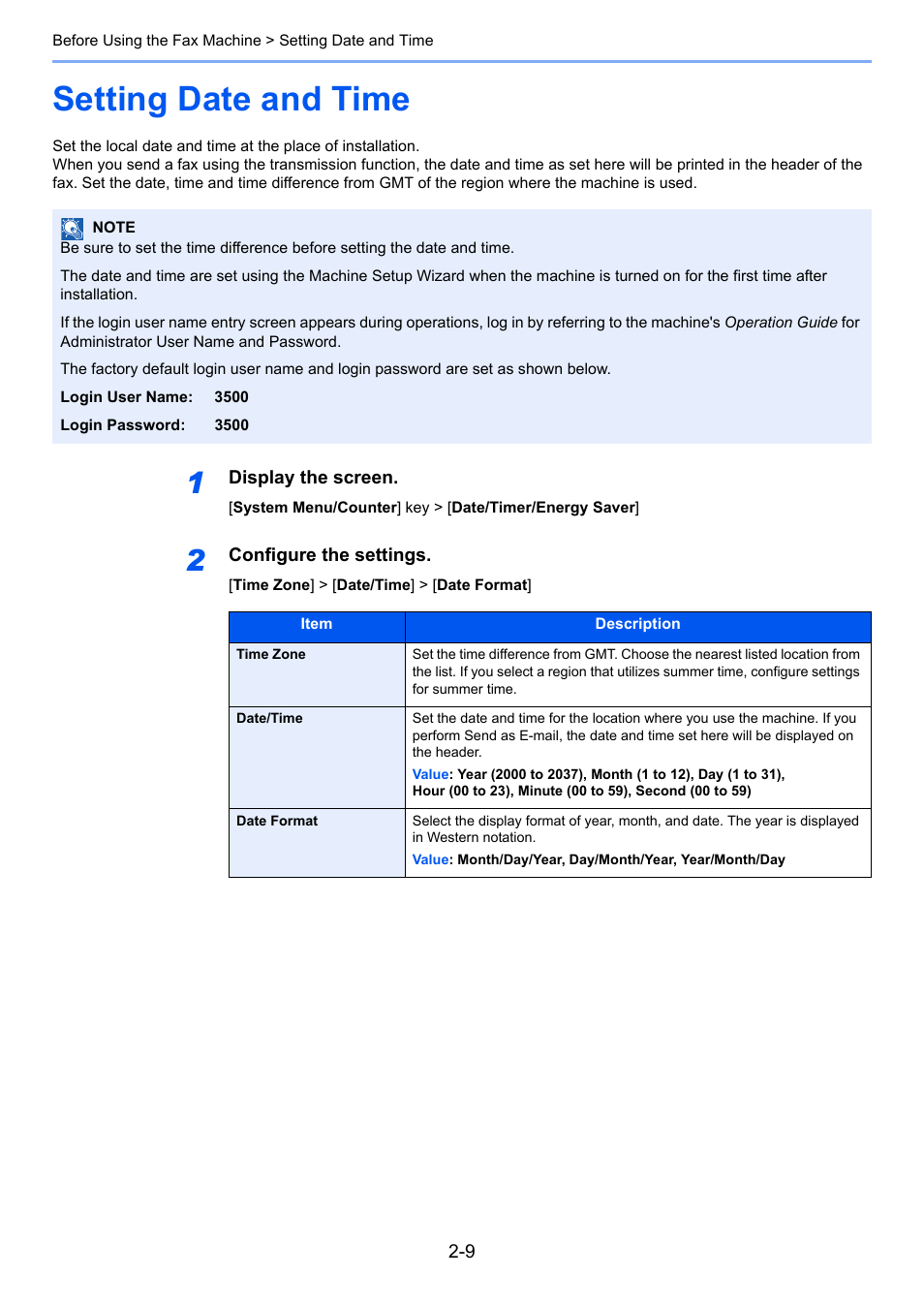 Setting date and time, Setting date and time -9 | TA Triumph-Adler P-C3565i MFP User Manual | Page 22 / 184