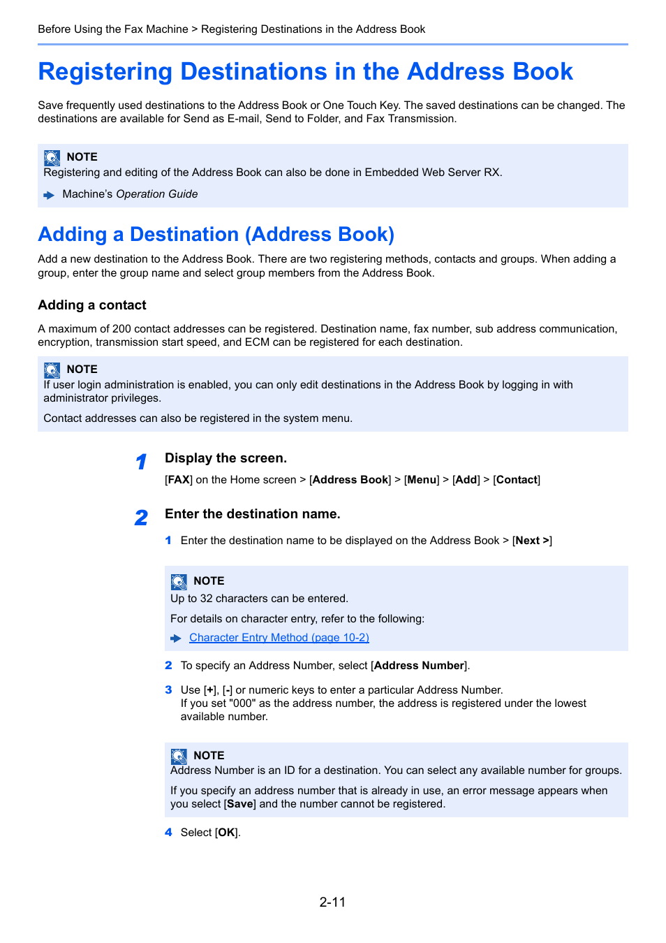 Registering destinations in the address book, Adding a destination (address book), Registering destinations in the address book -11 | Adding a destination (address book) -11 | TA Triumph-Adler P-C3565i MFP User Manual | Page 24 / 184