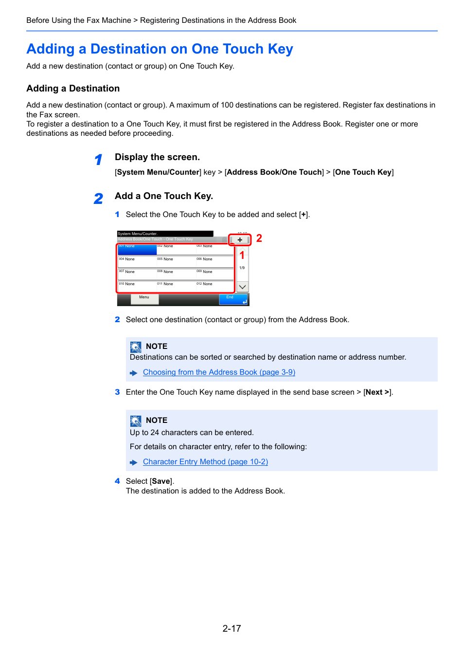 Adding a destination on one touch key, Adding a destination on one touch key -17, Adding a destination | Display the screen, Add a one touch key | TA Triumph-Adler P-C3565i MFP User Manual | Page 30 / 184