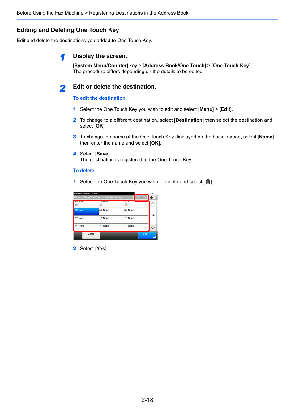 Editing and deleting one touch key, Display the screen, Edit or delete the destination | TA Triumph-Adler P-C3565i MFP User Manual | Page 31 / 184