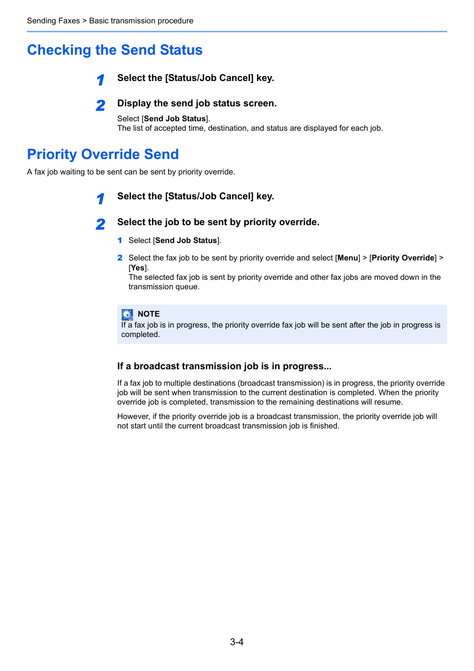 Checking the send status, Priority override send | TA Triumph-Adler P-C3565i MFP User Manual | Page 35 / 184