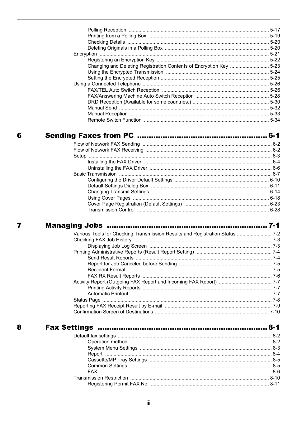 6sending faxes from pc -1, 7managing jobs -1, 8fax settings -1 | TA Triumph-Adler P-C3565i MFP User Manual | Page 4 / 184