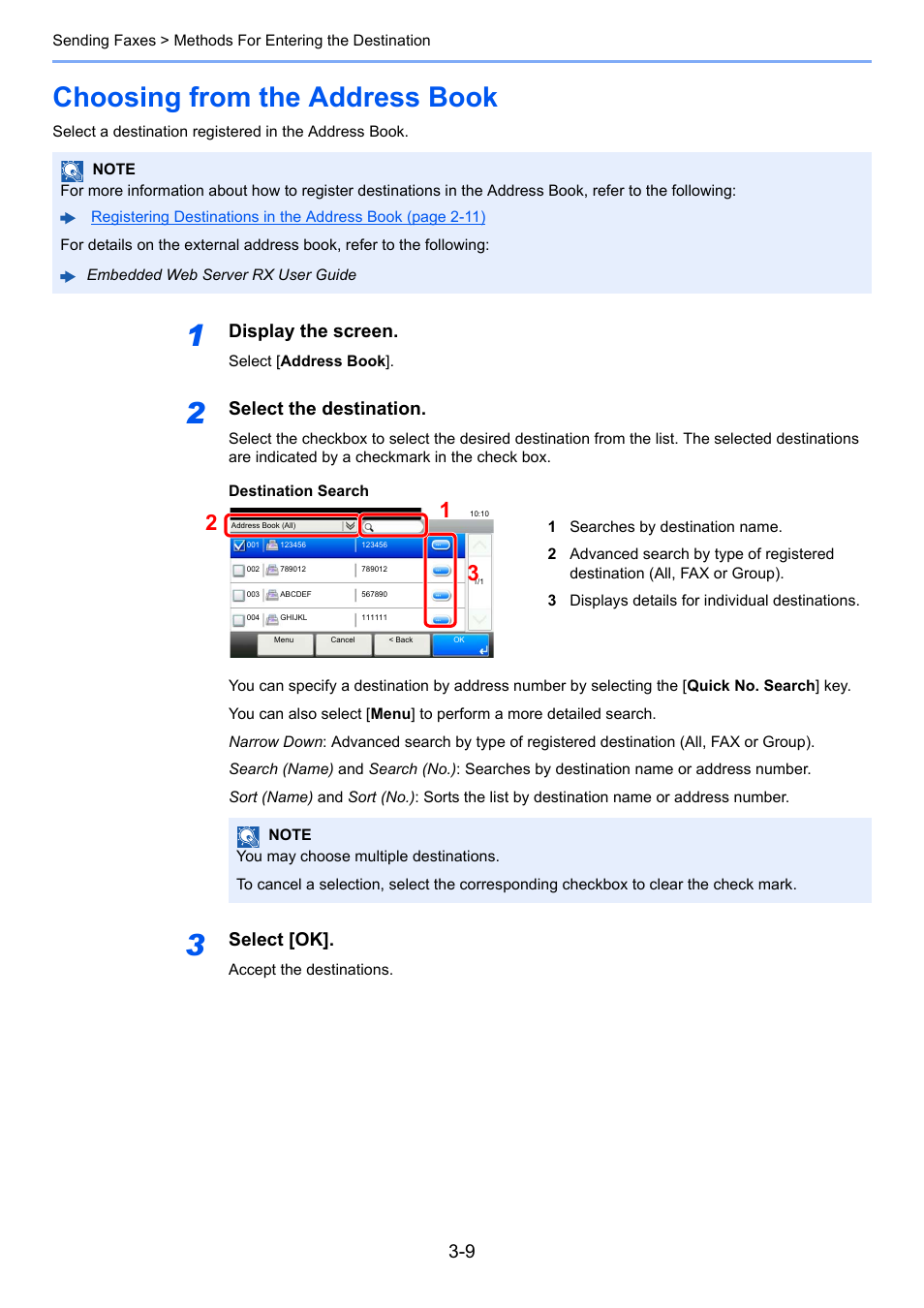 Choosing from the address book, Choosing from the address book -9, Display the screen | Select the destination, Select [ok | TA Triumph-Adler P-C3565i MFP User Manual | Page 40 / 184