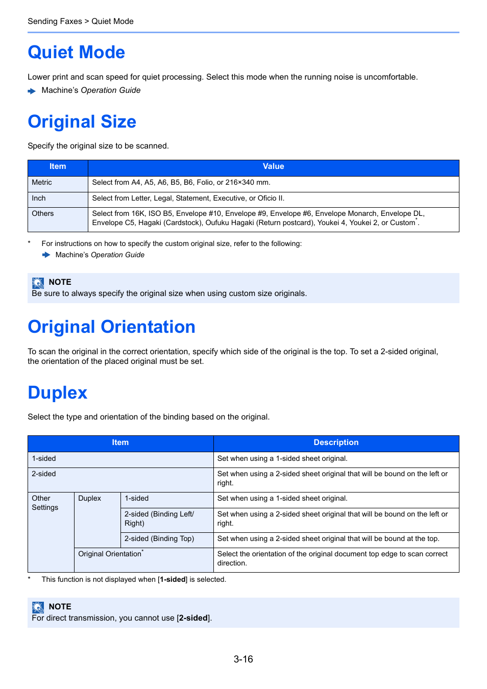 Quiet mode, Original size, Original orientation | Duplex | TA Triumph-Adler P-C3565i MFP User Manual | Page 47 / 184