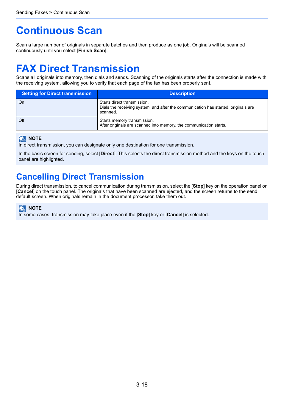 Continuous scan, Fax direct transmission, Cancelling direct transmission | Continuous scan -18 fax direct transmission -18, Cancelling direct transmission -18 | TA Triumph-Adler P-C3565i MFP User Manual | Page 49 / 184