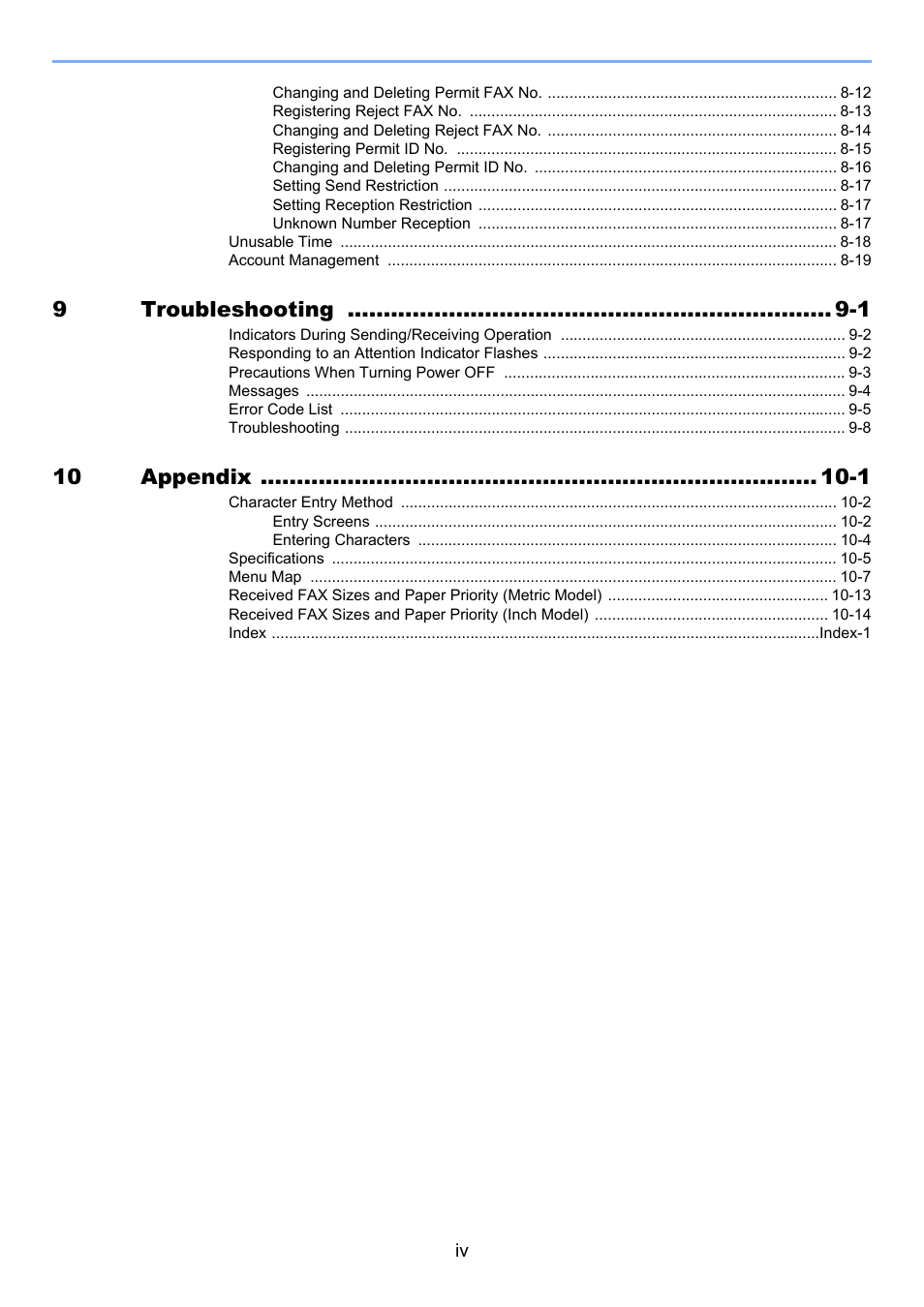 9troubleshooting -1, 10 appendix -1 | TA Triumph-Adler P-C3565i MFP User Manual | Page 5 / 184