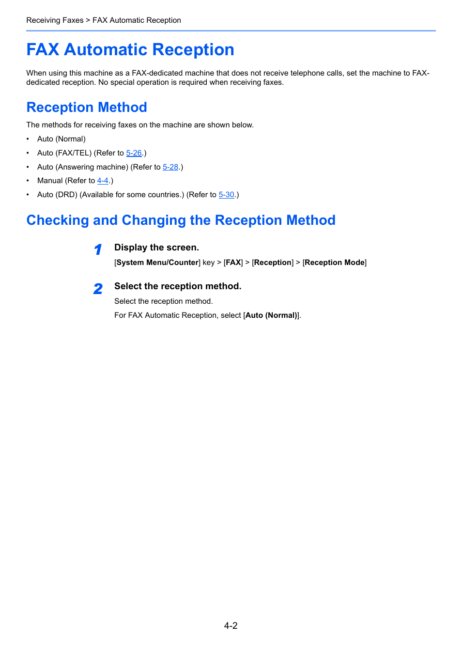 Fax automatic reception, Reception method, Checking and changing the reception method | Fax automatic reception -2 | TA Triumph-Adler P-C3565i MFP User Manual | Page 59 / 184