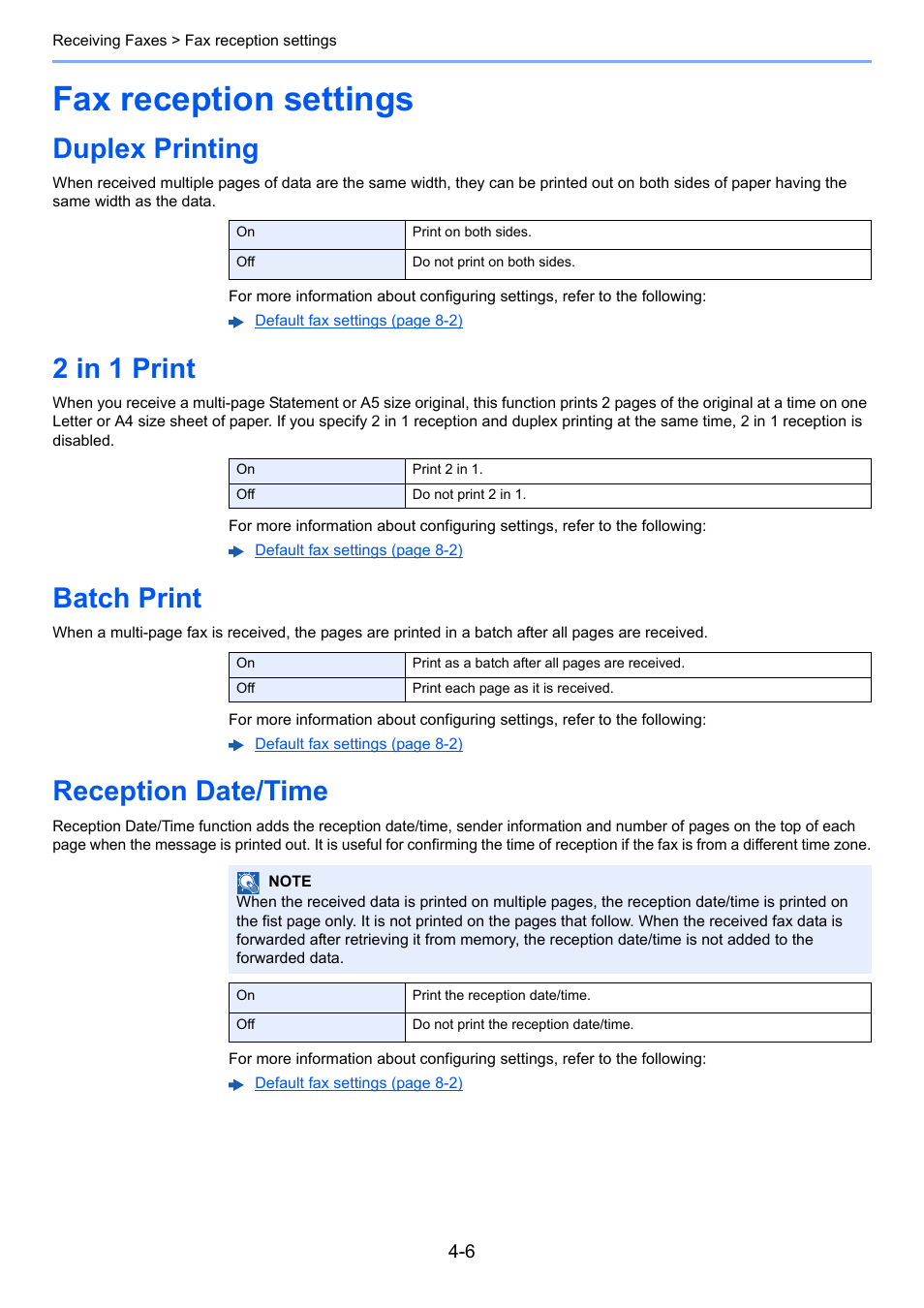 Fax reception settings, Duplex printing, 2 in 1 print | Batch print, Reception date/time, Fax reception settings -6 | TA Triumph-Adler P-C3565i MFP User Manual | Page 63 / 184