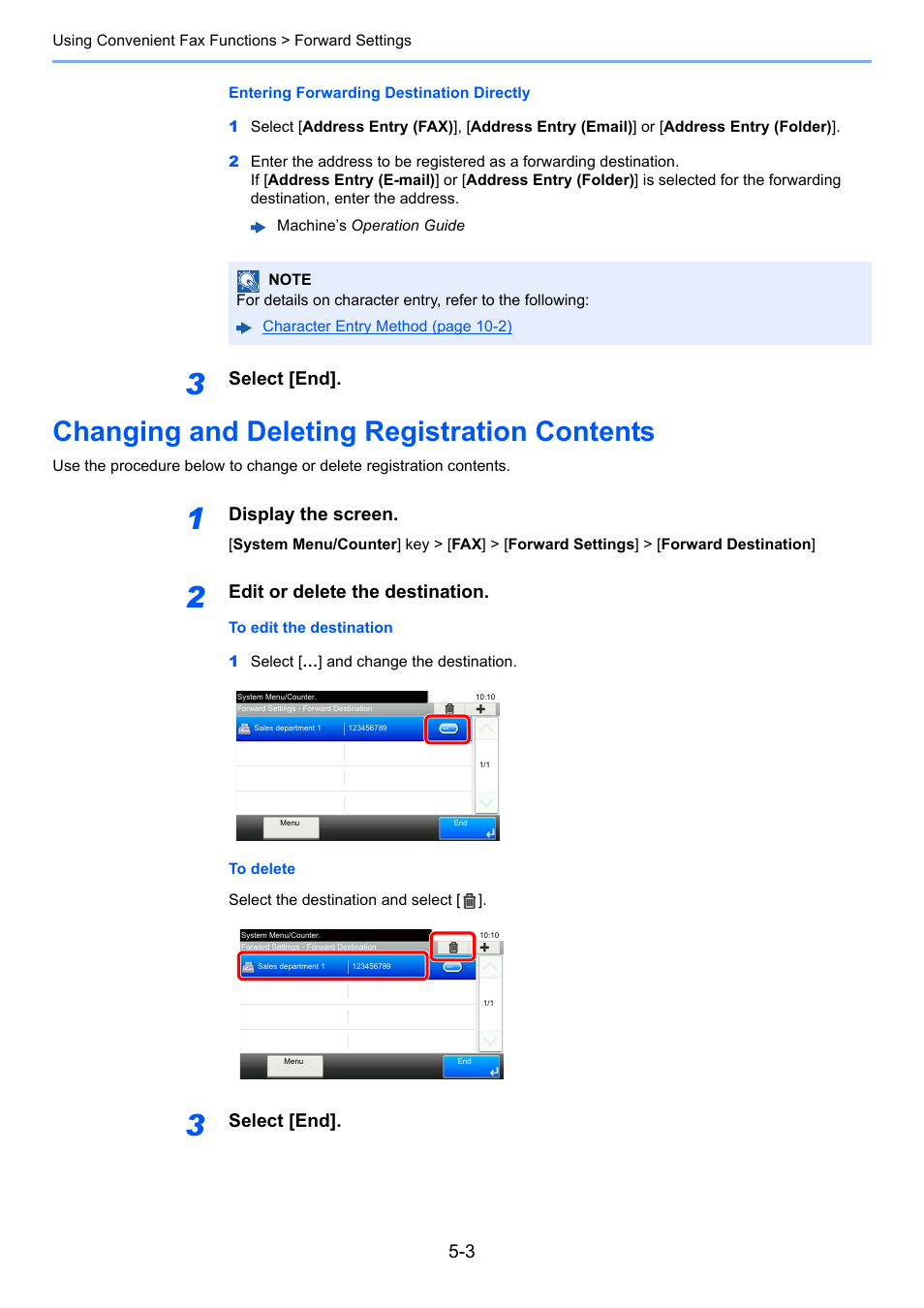 Changing and deleting registration contents, Changing and deleting registration contents -3, Select [end | Display the screen, Edit or delete the destination | TA Triumph-Adler P-C3565i MFP User Manual | Page 67 / 184