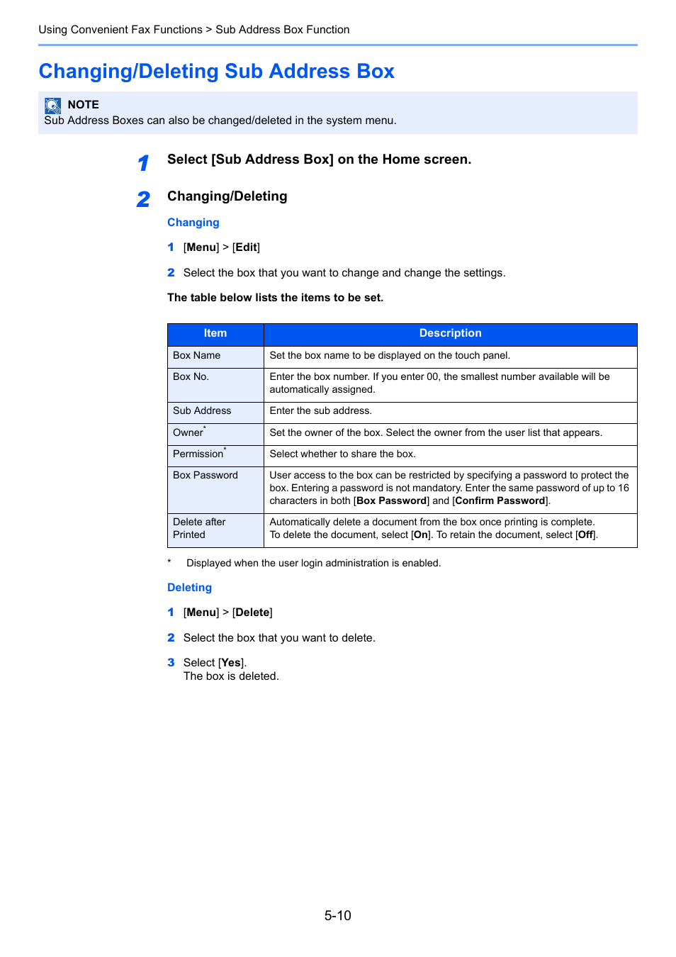 Changing/deleting sub address box, Changing/deleting sub address box -10 | TA Triumph-Adler P-C3565i MFP User Manual | Page 74 / 184