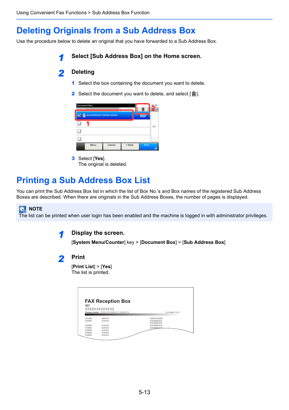 Deleting originals from a sub address box, Printing a sub address box list | TA Triumph-Adler P-C3565i MFP User Manual | Page 77 / 184