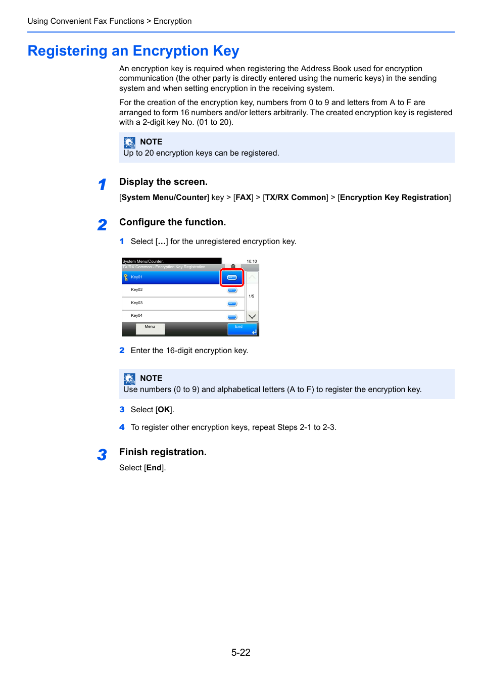 Registering an encryption key, Registering an encryption key -22, Display the screen | Configure the function, Finish registration | TA Triumph-Adler P-C3565i MFP User Manual | Page 86 / 184