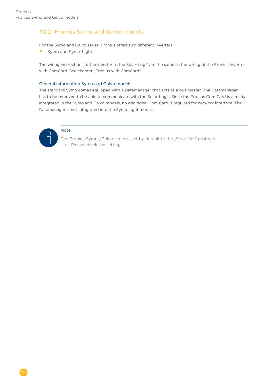 30�2 fronius symo and galvo models | Solare Datensysteme Solar-Log User Manual | Page 104 / 311