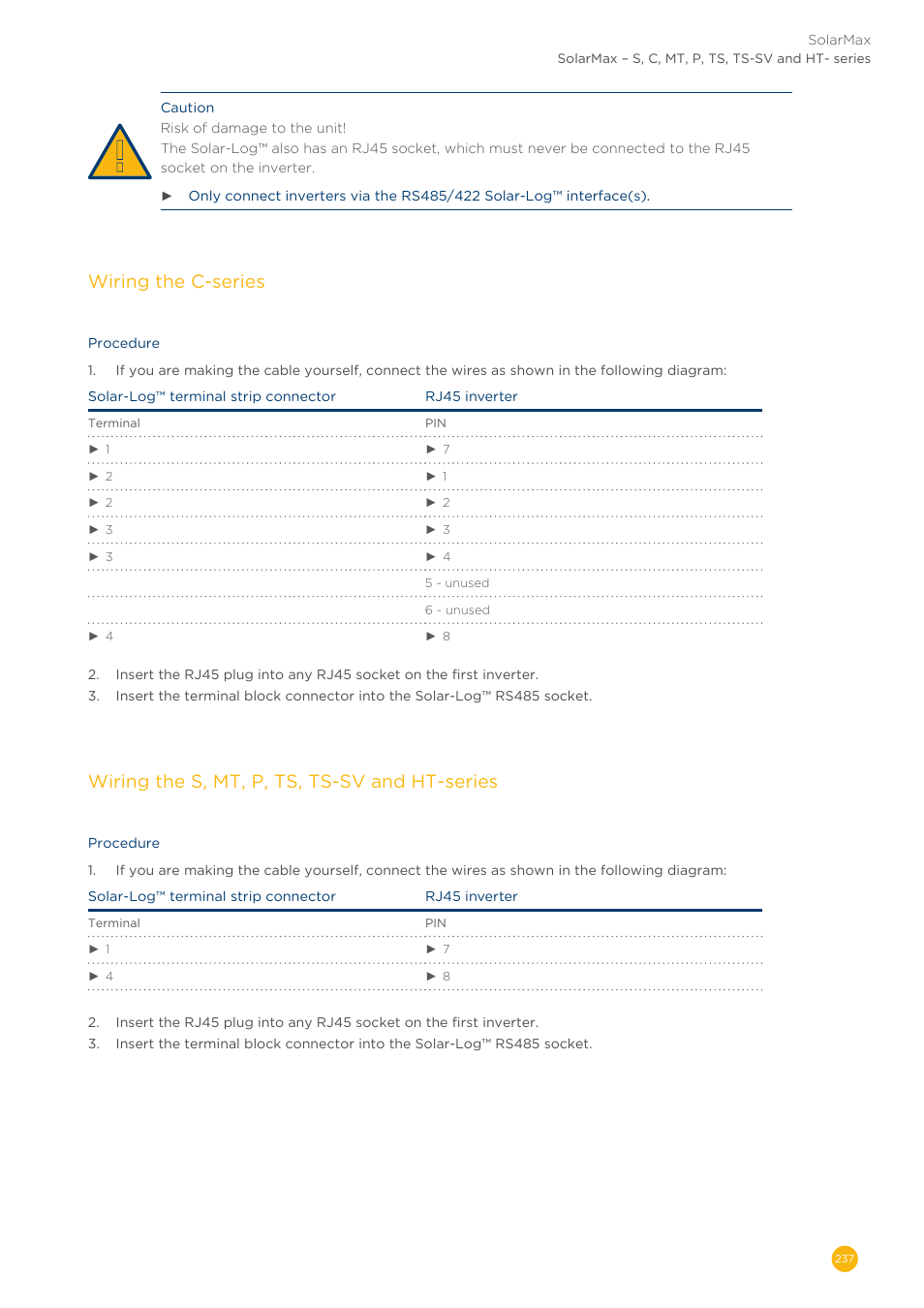 Wiring the c-series, Wiring the s, mt, p, ts, ts-sv and ht-series | Solare Datensysteme Solar-Log User Manual | Page 237 / 311