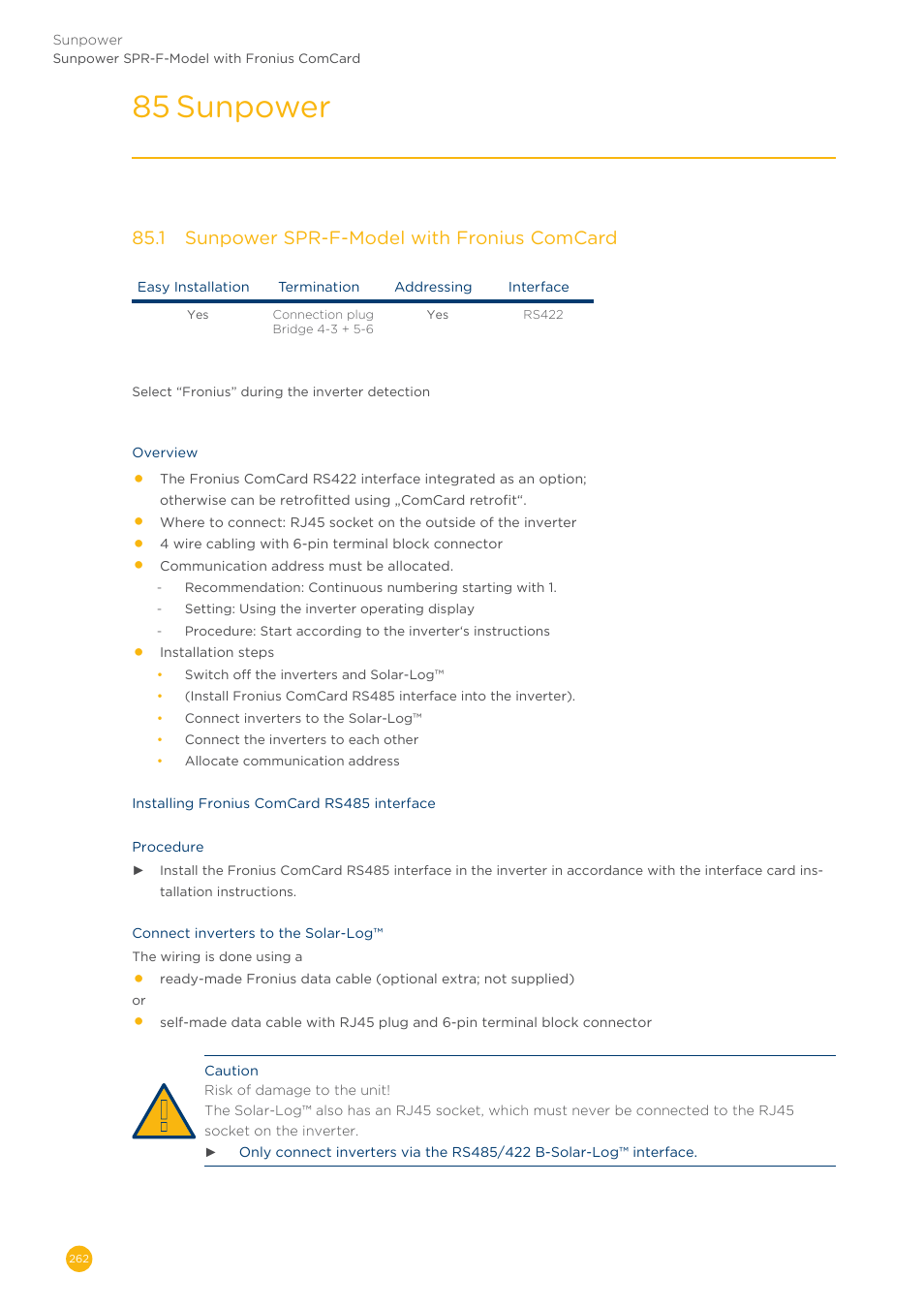 85 sunpower, 85�1 sunpower spr-f-model with fronius comcard | Solare Datensysteme Solar-Log User Manual | Page 262 / 311