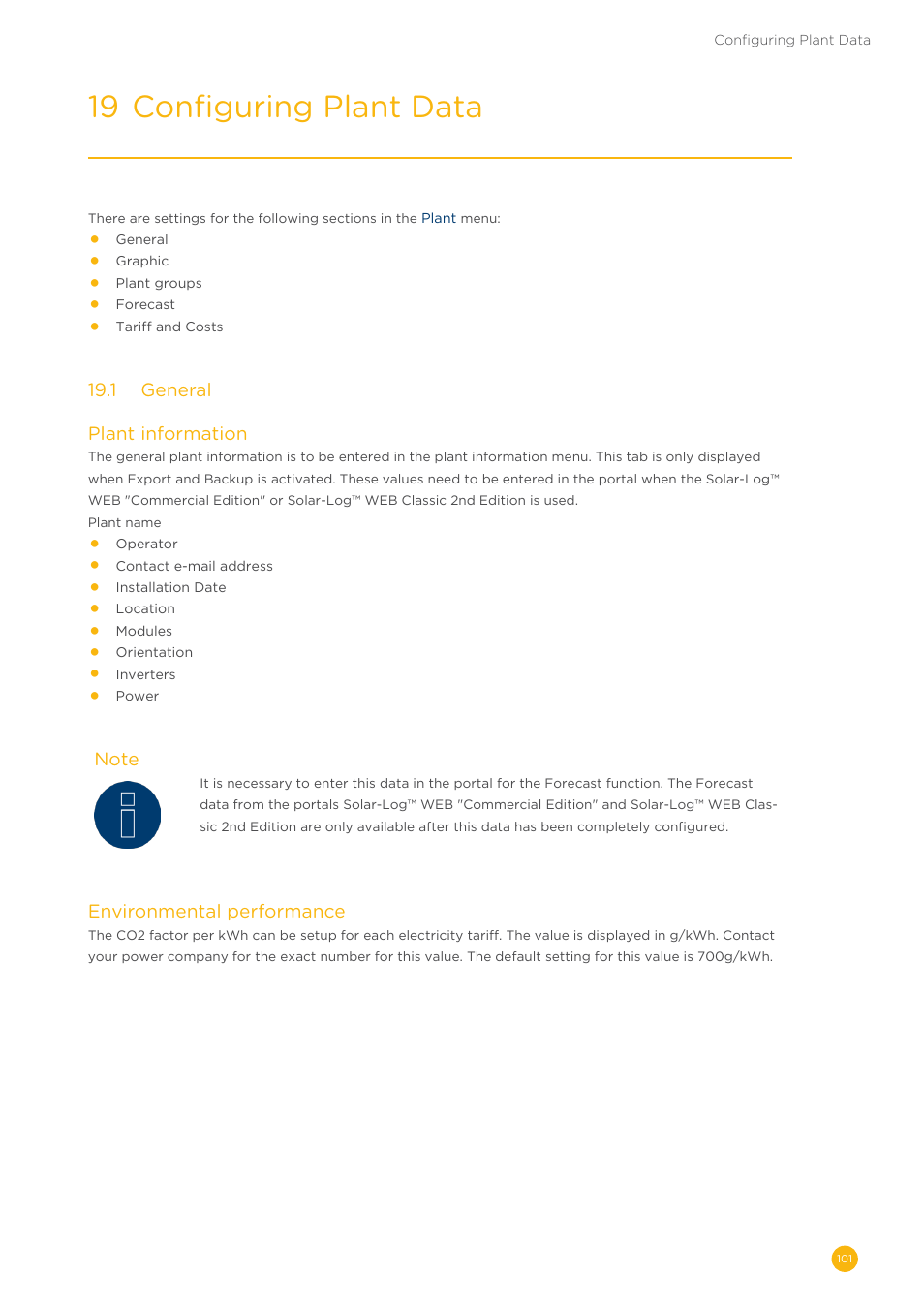 Plant (chapter “19 configuring plant data”) and, 19 configuring plant data | Solare Datensysteme Solar-Log User Manual | Page 101 / 242