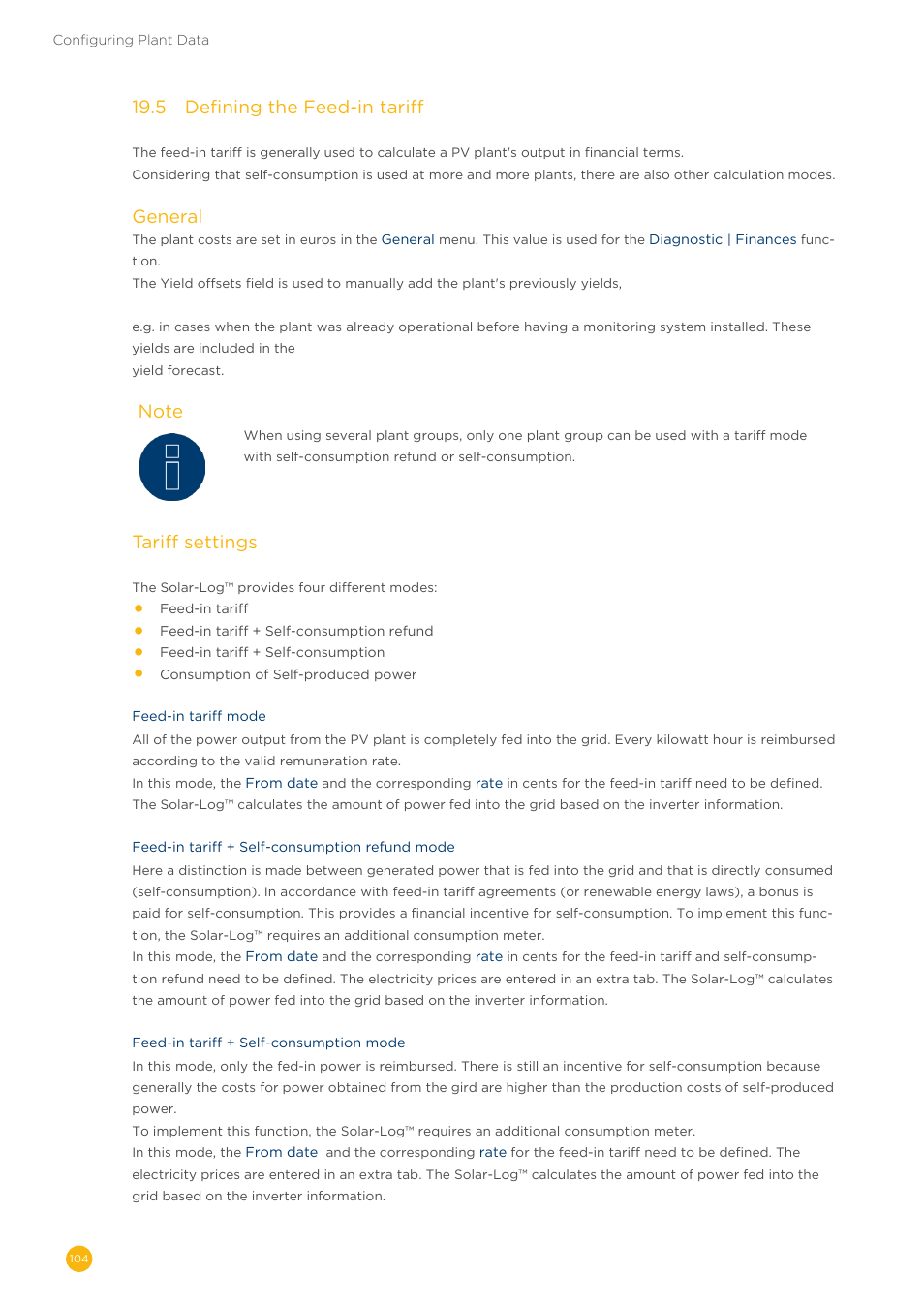 19�5 defining the feed-in tariff, General, Tariff settings | Solare Datensysteme Solar-Log User Manual | Page 104 / 242