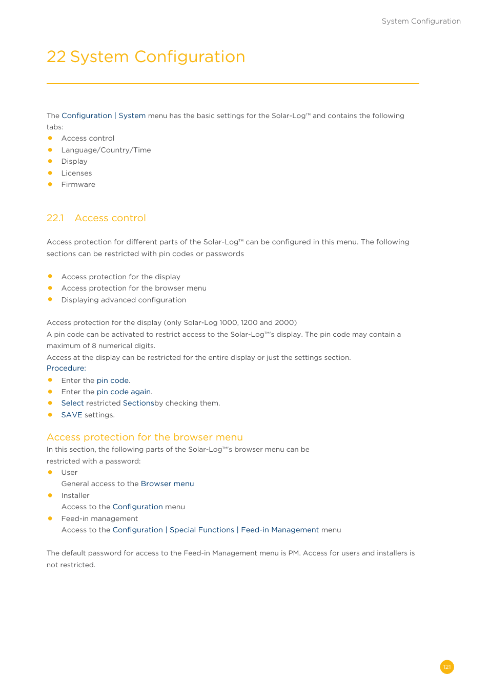 System (chapter “22 system configuration”), 22 system configuration | Solare Datensysteme Solar-Log User Manual | Page 121 / 242