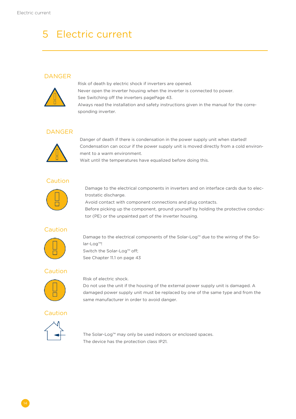 5 electric current, Danger, Caution | Solare Datensysteme Solar-Log User Manual | Page 14 / 242