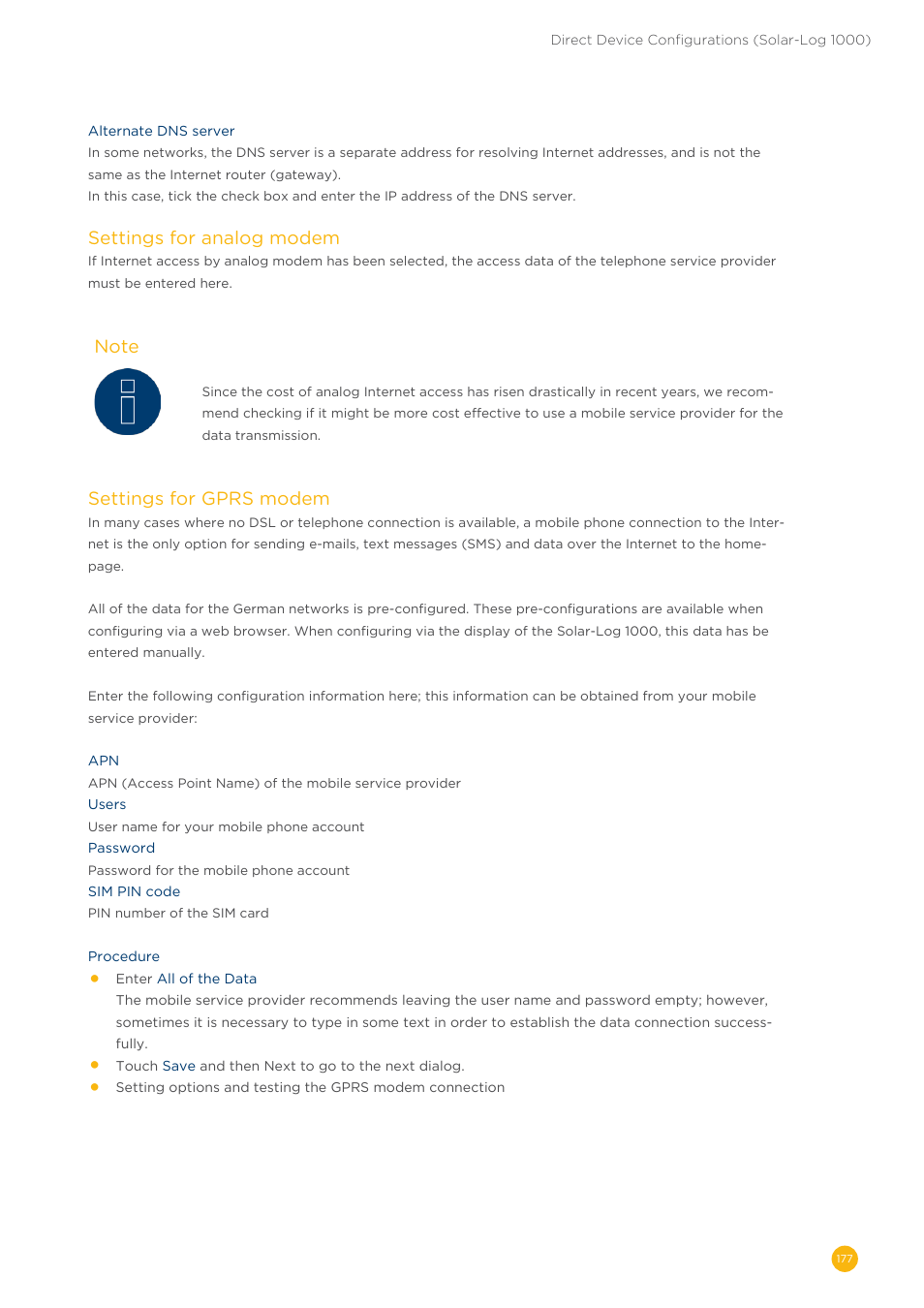 Settings for analog modem, Settings for gprs modem | Solare Datensysteme Solar-Log User Manual | Page 177 / 242