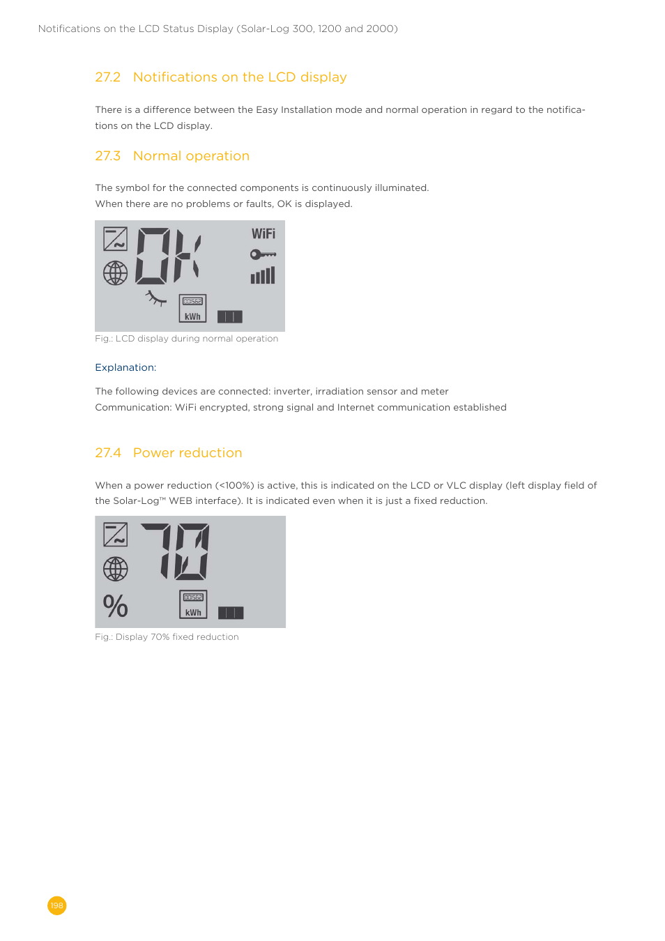 27�2 notifications on the lcd display, 27�3 normal operation, 27�4 power reduction | Solare Datensysteme Solar-Log User Manual | Page 198 / 242