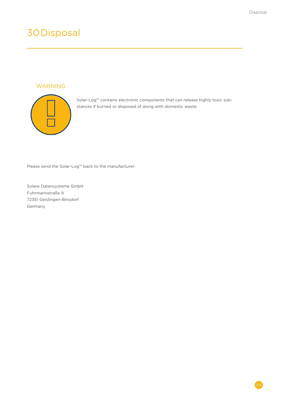 30 disposal, Warning | Solare Datensysteme Solar-Log User Manual | Page 213 / 242