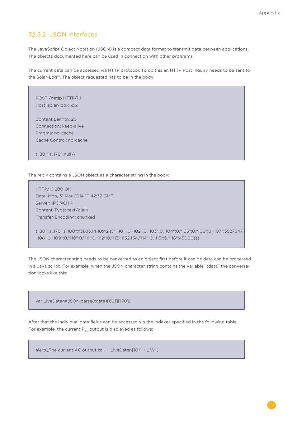 32�5�2 json interfaces | Solare Datensysteme Solar-Log User Manual | Page 237 / 242